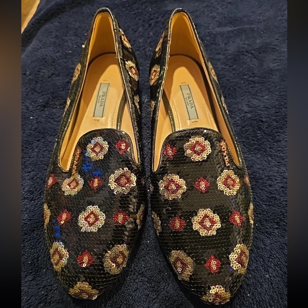 AUTHENTIC PRADA Dark Navy Silver Red Floral Sequin Loafer, Size 38